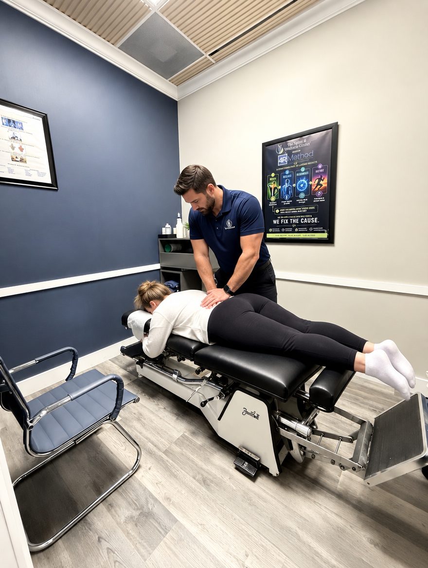 Chiropractic adjustment in the treatment room at The Spine and Wellness Center, Coral Springs