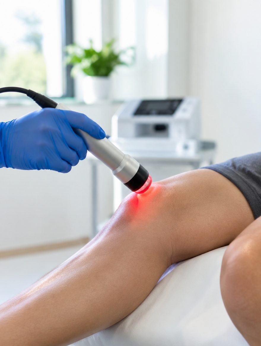 Low-level laser handpiece treating a patient's knee during a cold laser therapy session