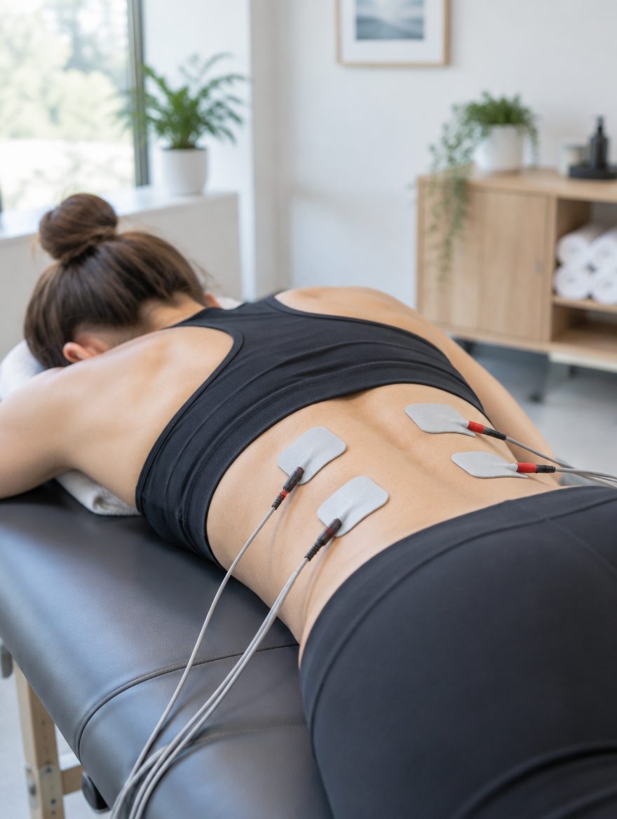 Patient receiving electrical muscle stimulation on the lower back with four electrode pads