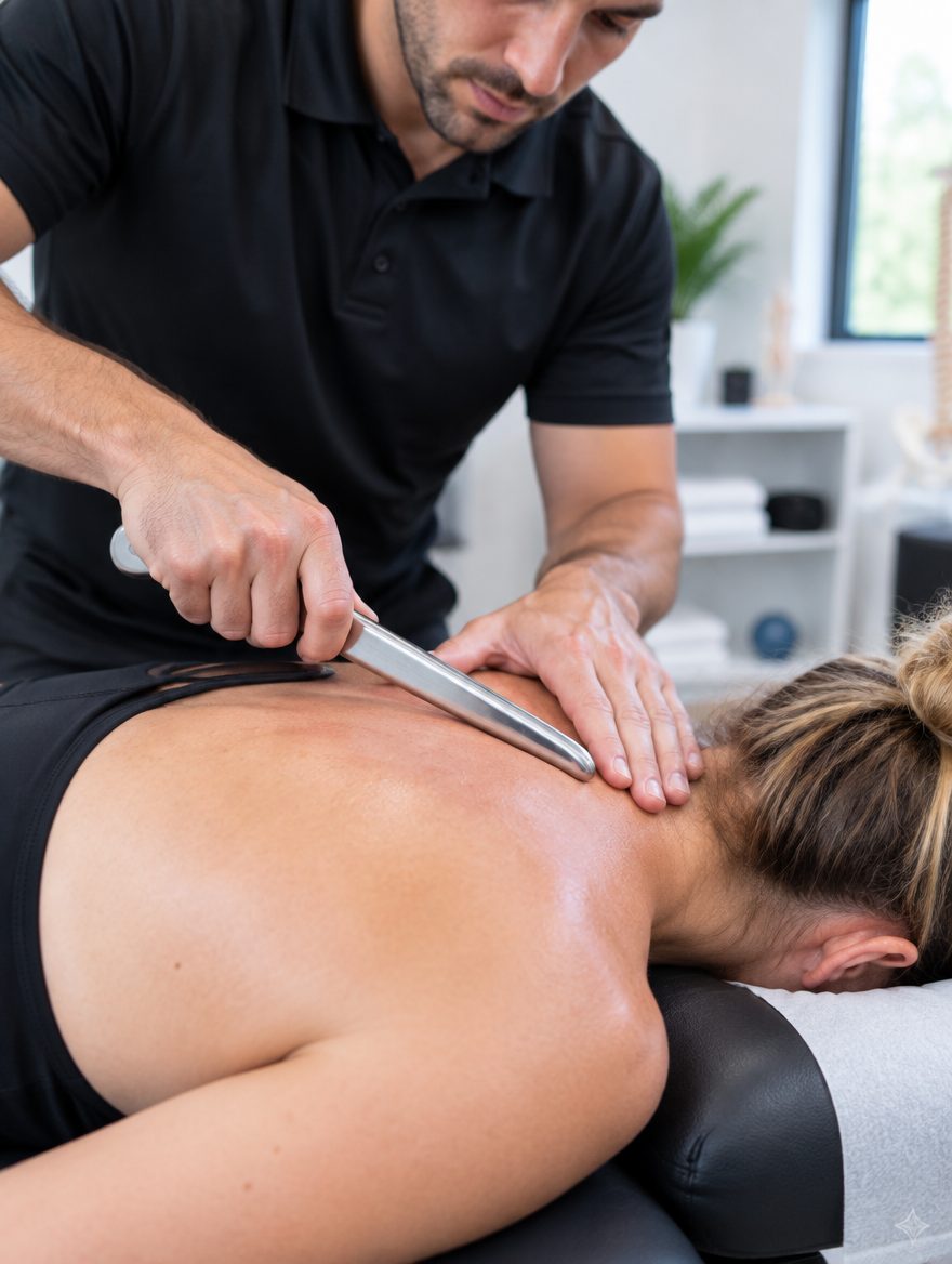 Contoured stainless-steel Graston Technique instrument gliding over a patient's upper back and neck