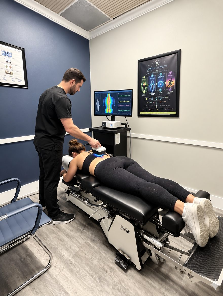 Surface EMG spinal scan during a lower back pain evaluation at The Spine and Wellness Center