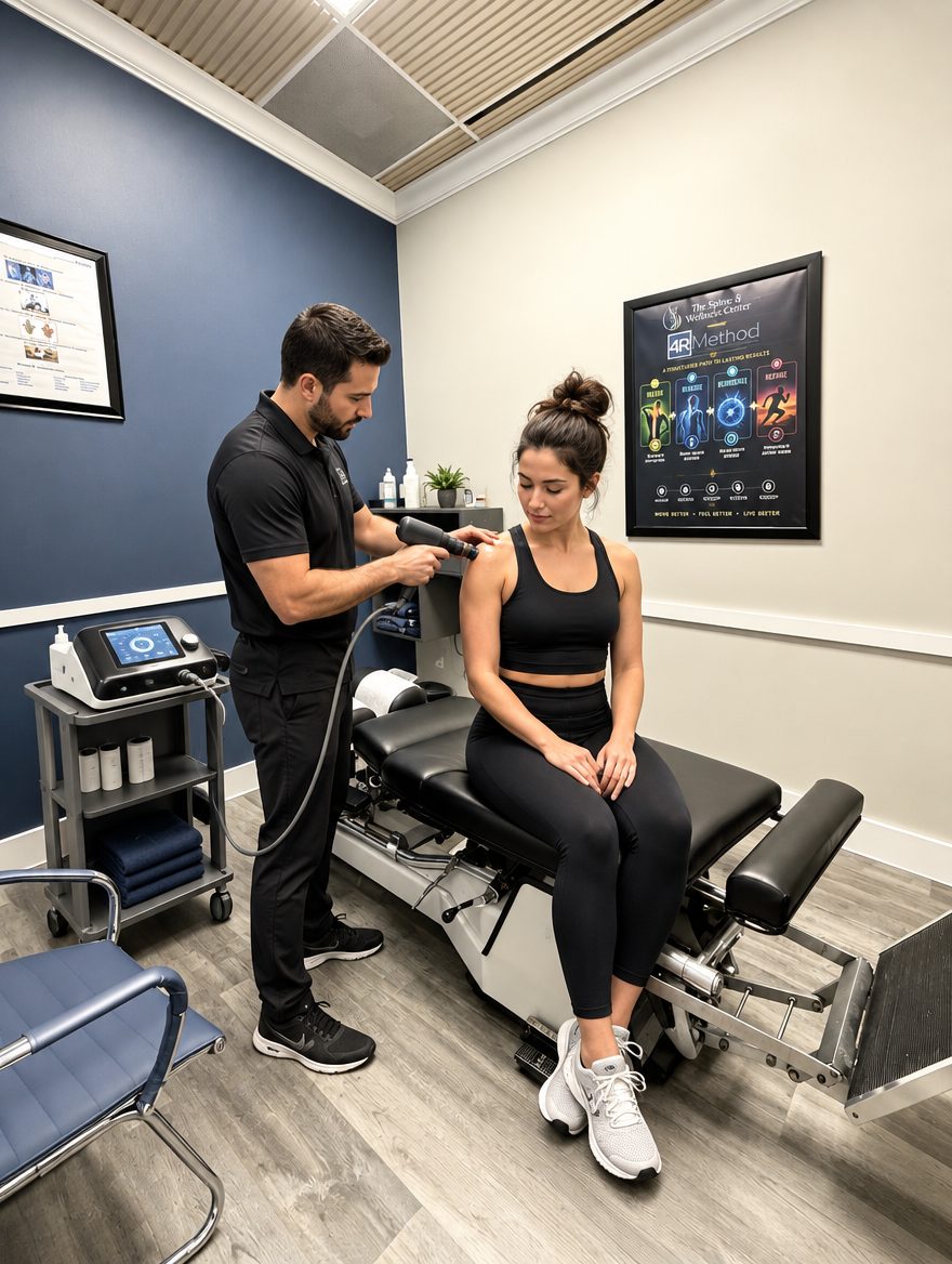 Acoustic shockwave therapy applied to the shoulder during a rotator cuff visit at The Spine and Wellness Center