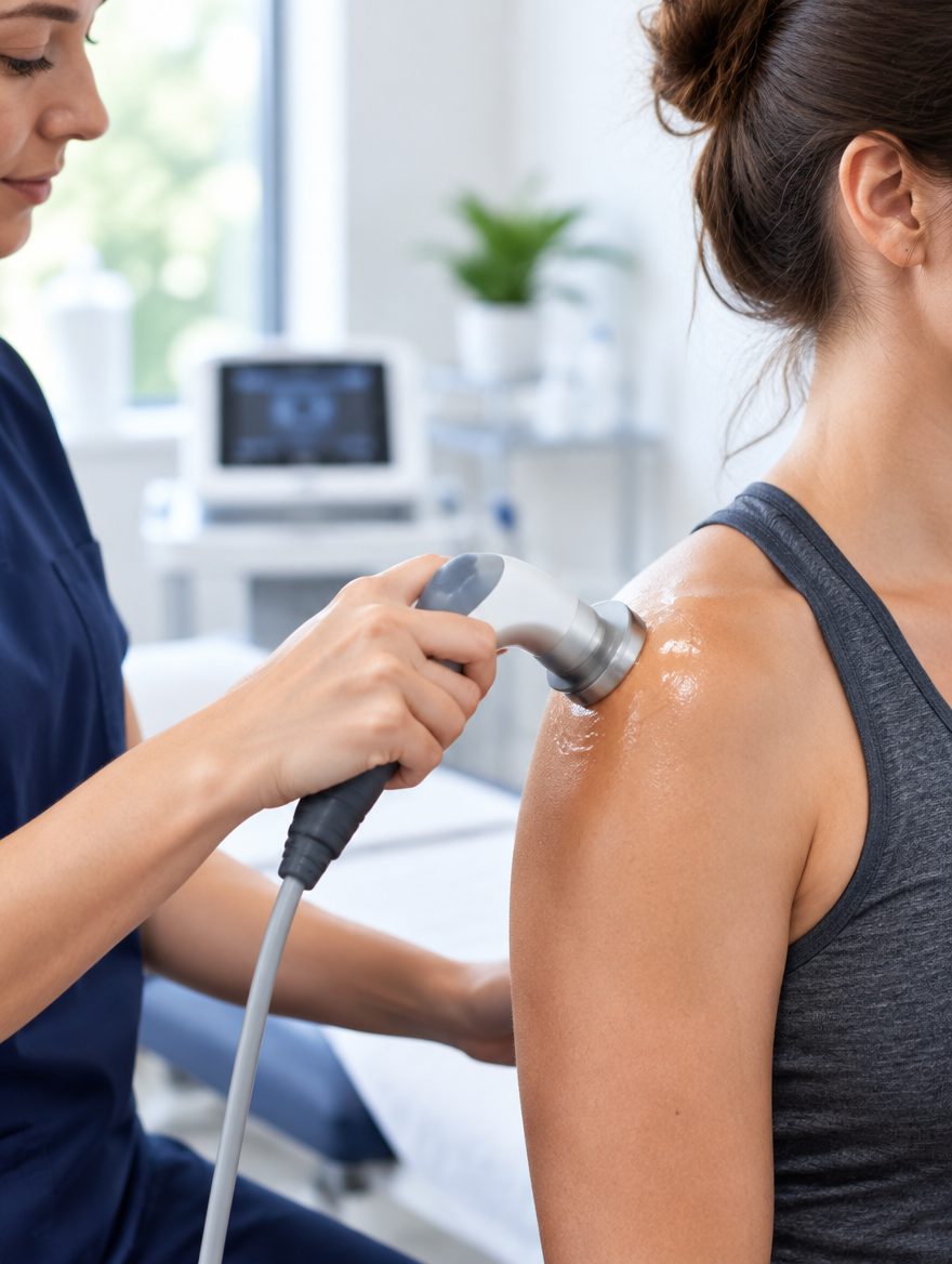 Ultrasound therapy wand moving in slow circles over a patient's shoulder during treatment